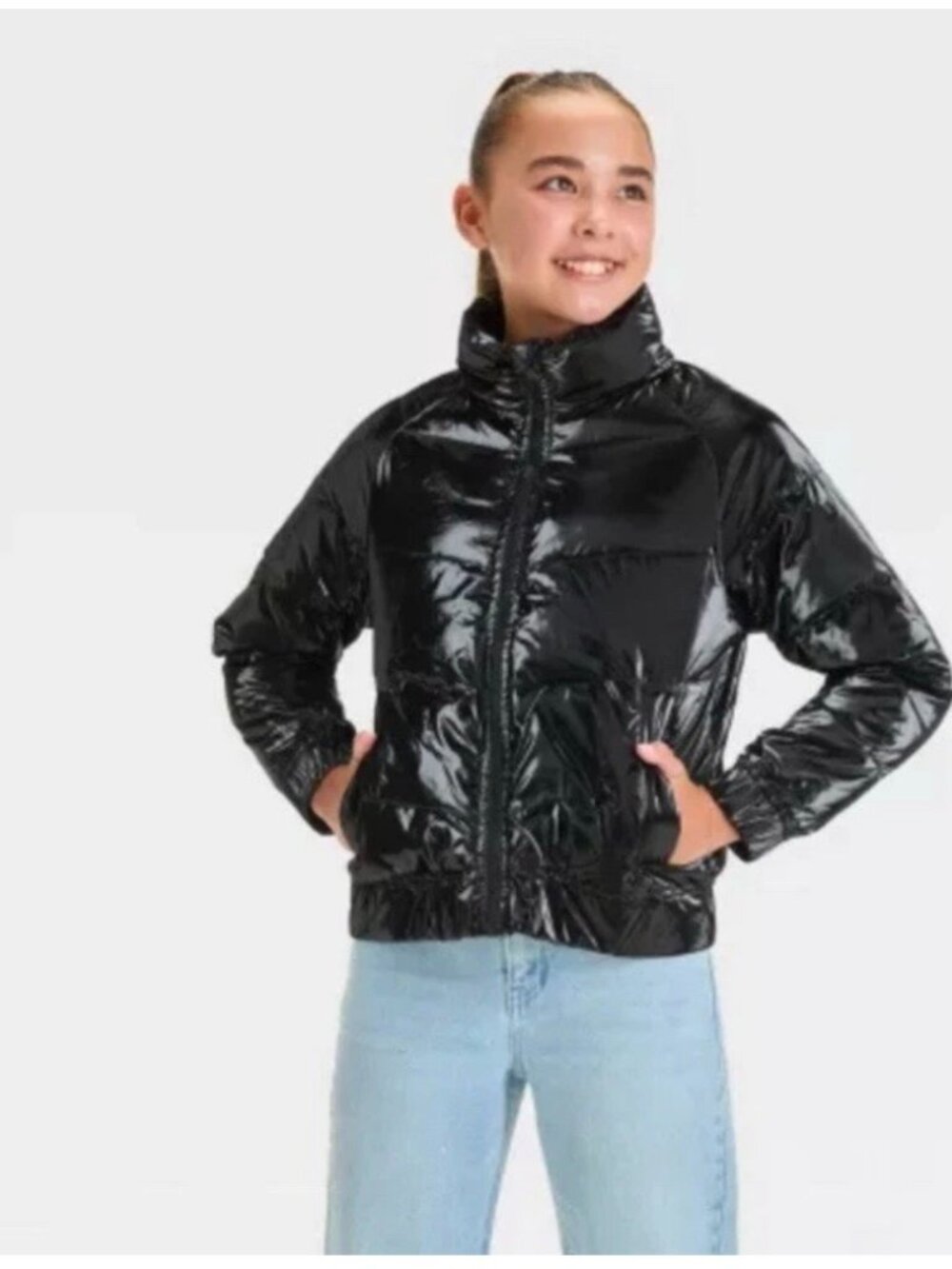 Art Class Shiny Puffer Jacket Girl’s LARGE 10-12 Black Wet Look full Zip
